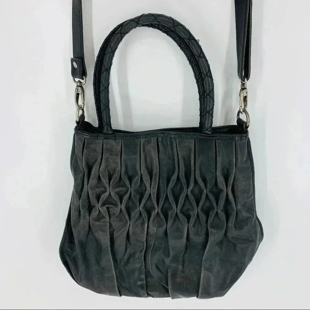 Mo & Co Leather satchel with pleated gills